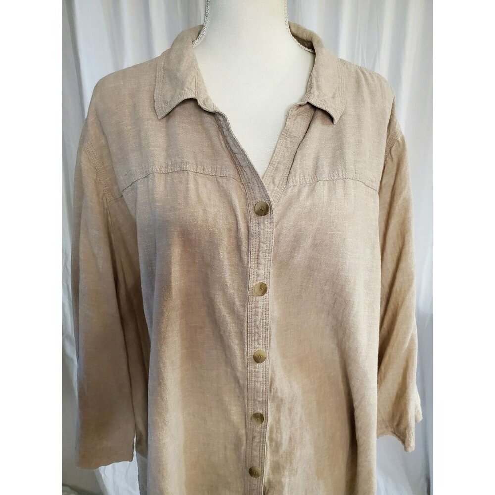 Catherines Women’s Linen Blend Beige Button Down 3/4 Sleeved Shirt Womens 3XL - Picture 2 of 15